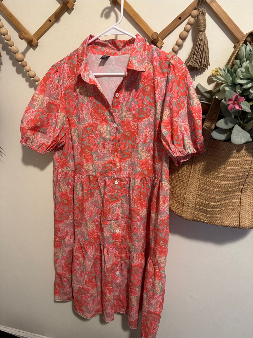 SHEIN Coral Pink Floral Button-Front Puff Sleeve Dress